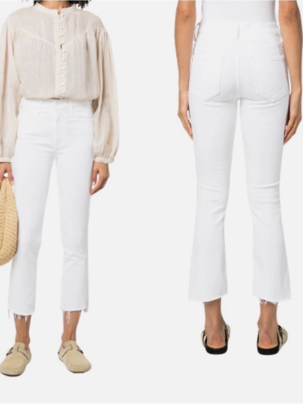 Mother The Insider Cropped Step Fray High Waist Jeans White Size: 30